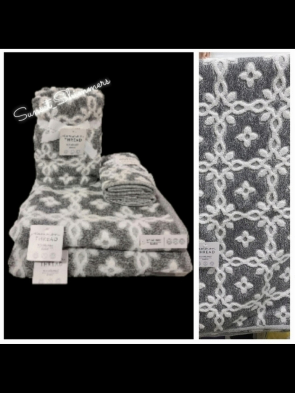 6pc Common Thread Plush Bath Hand Tip Towel Set Gray White Damask Zero Twist New